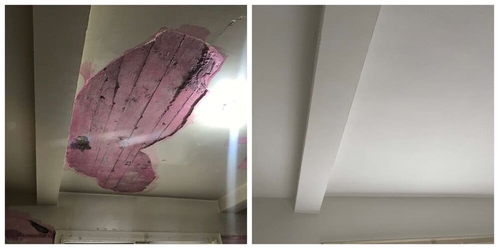 Before and after photos of a ceiling: the first shows significant damage with exposed pink plaster, the second shows the same ceiling smoothly repaired and painted white.