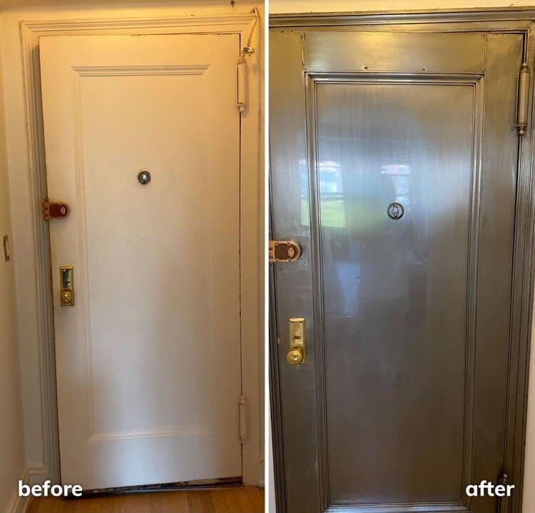 Photo showing a before and after comparison of a door undergoing paint stripping. The "before" image on the left displays the door painted white with visible signs of wear and aging. The "after" image on the right shows the door stripped down to bare metal, featuring a clean, silver finish, highlighting the transformation achieved through paint stripping techniques.