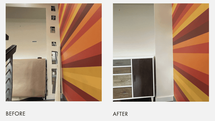 Before and after photos of a wall: the “before” image shows the wall prepped for painting, and the “after” image shows the wall finished with a vibrant, multicolored sunburst design.