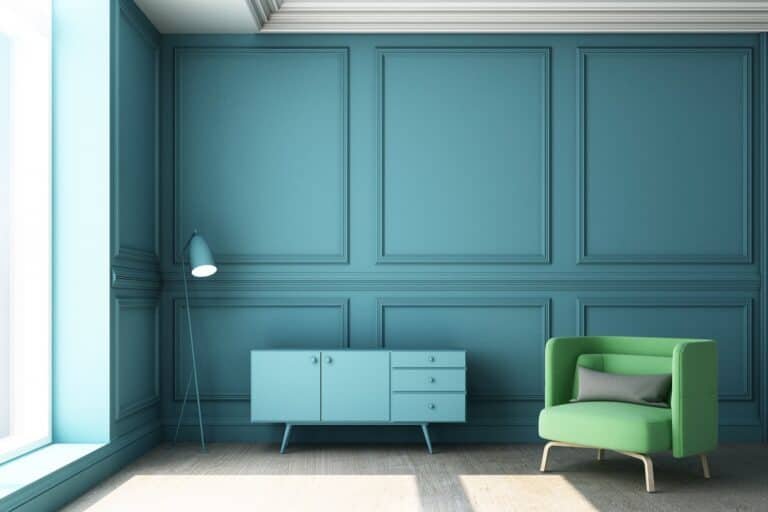 3d rendering illustration of living room with luxury blue classic wall panel and green furniture