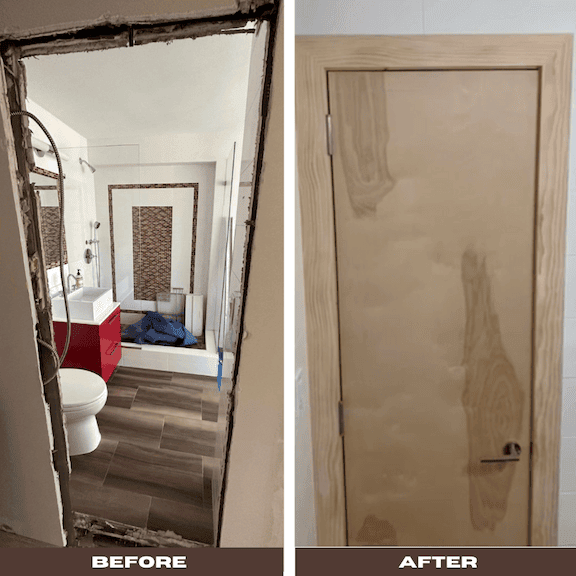 A before-and-after comparison of a bathroom door installation, showing an open doorway on the left and a newly installed wooden door on the right.
