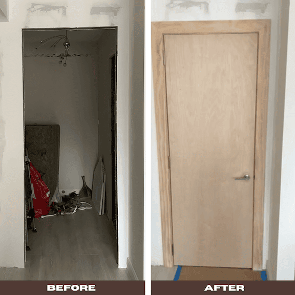 A before-and-after comparison of a door installation, showing an empty doorway on the left and a newly installed wooden door on the right.