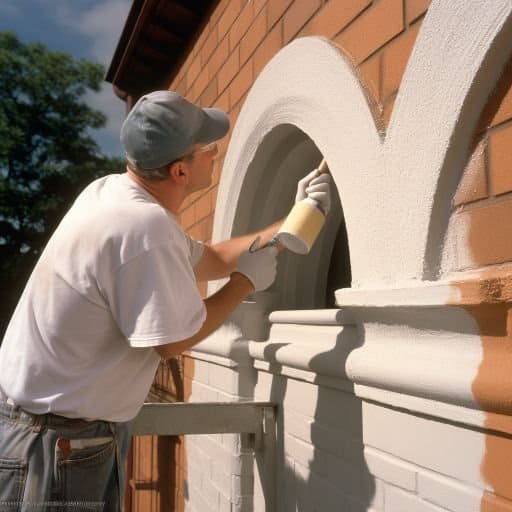 A worker in a white T-shirt and cap uses a roller to apply an elastomeric coating to an archway on a brick building. The area around the arch is partially coated, showing the progress of the application.
