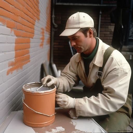 A worker wearing a cap and gloves is stirring an elastomeric coating in an orange paint bucket. The brick wall behind him has patches of coating applied.