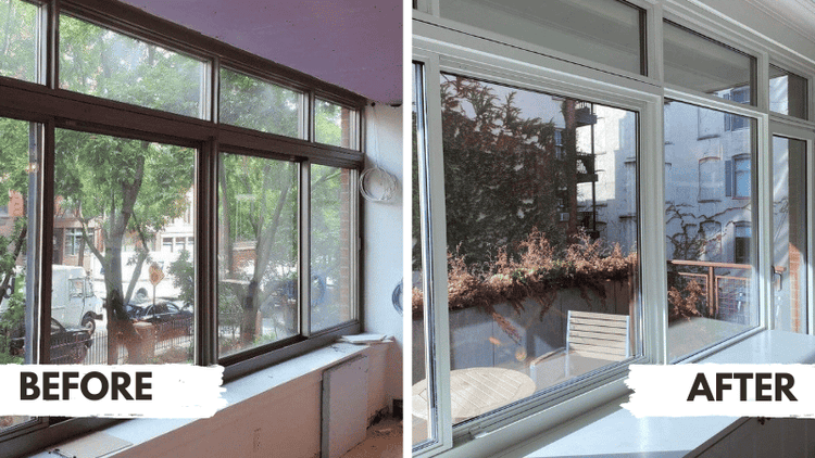 A “before and after” image showing the transformation of window frames using electrostatic painting, with the old, dull frames in the “before” and fresh, sleek frames in the “after.”