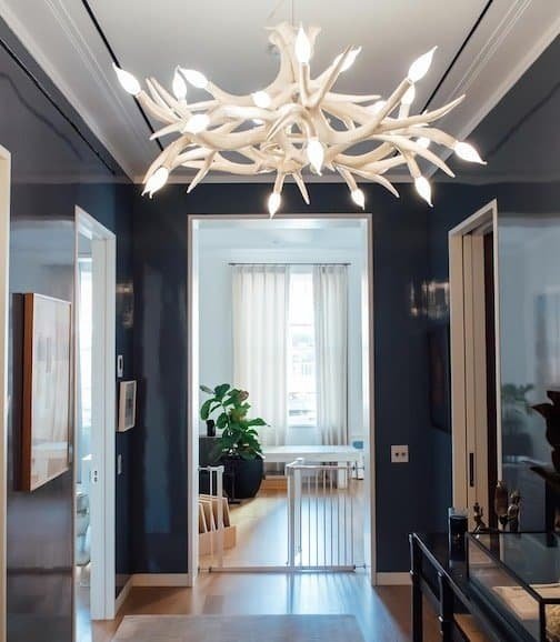 Hallway in a modern home with dark glossy blue walls and a unique white chandelier, leading into a bright room with light-colored decor.