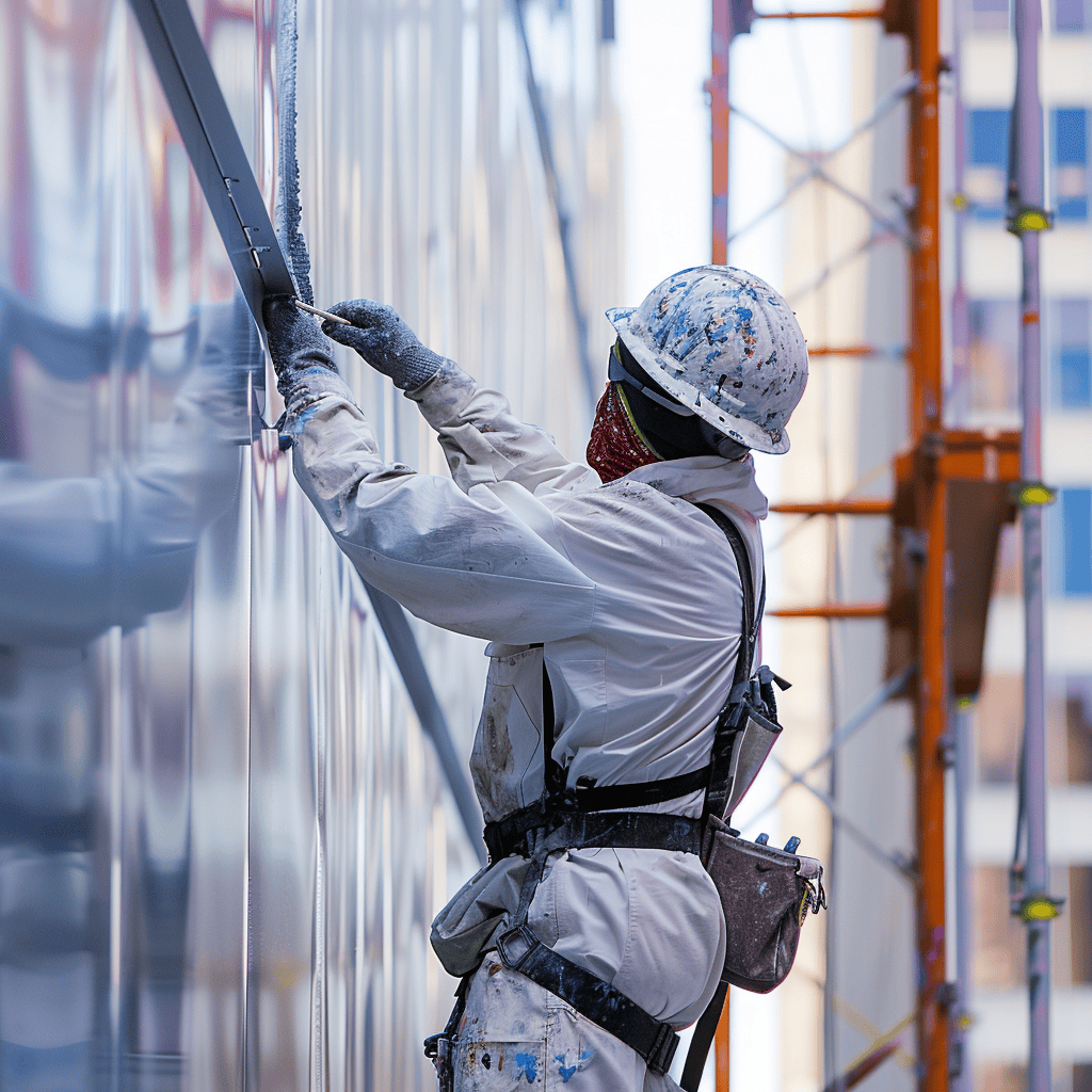 A worker in a white protective suit and hard hat painting the exterior of a building, with scaffolding in the background.