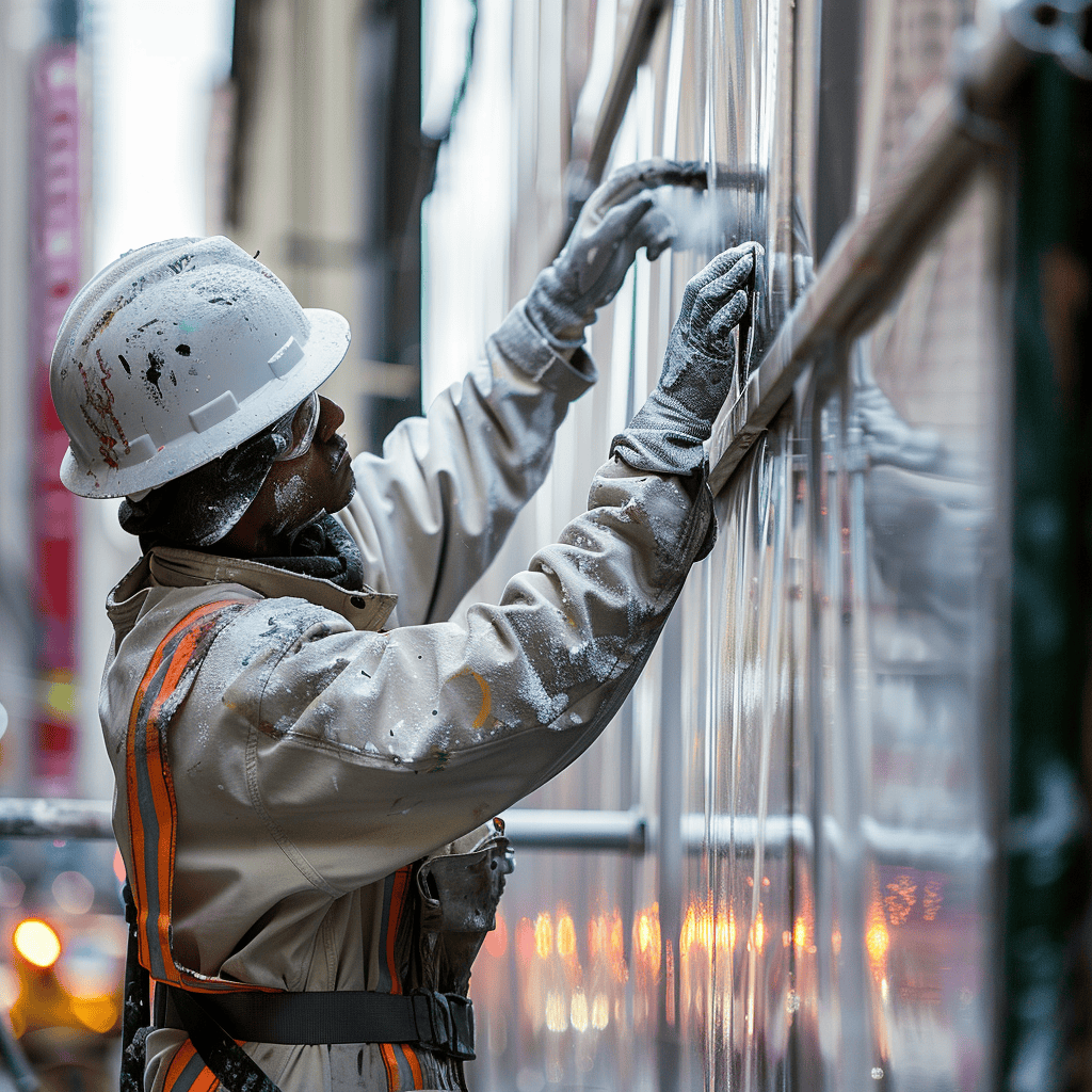 A worker in a protective suit and hard hat sanding or preparing the surface of a building exterior, with city street reflections visible on the shiny surface.